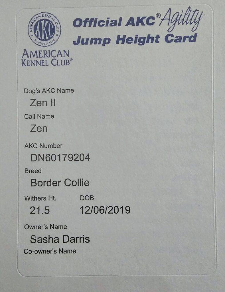 dog agility AKC Jump Height Card